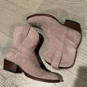 The Lucy Tecovas pink suede cowgirl boots booties